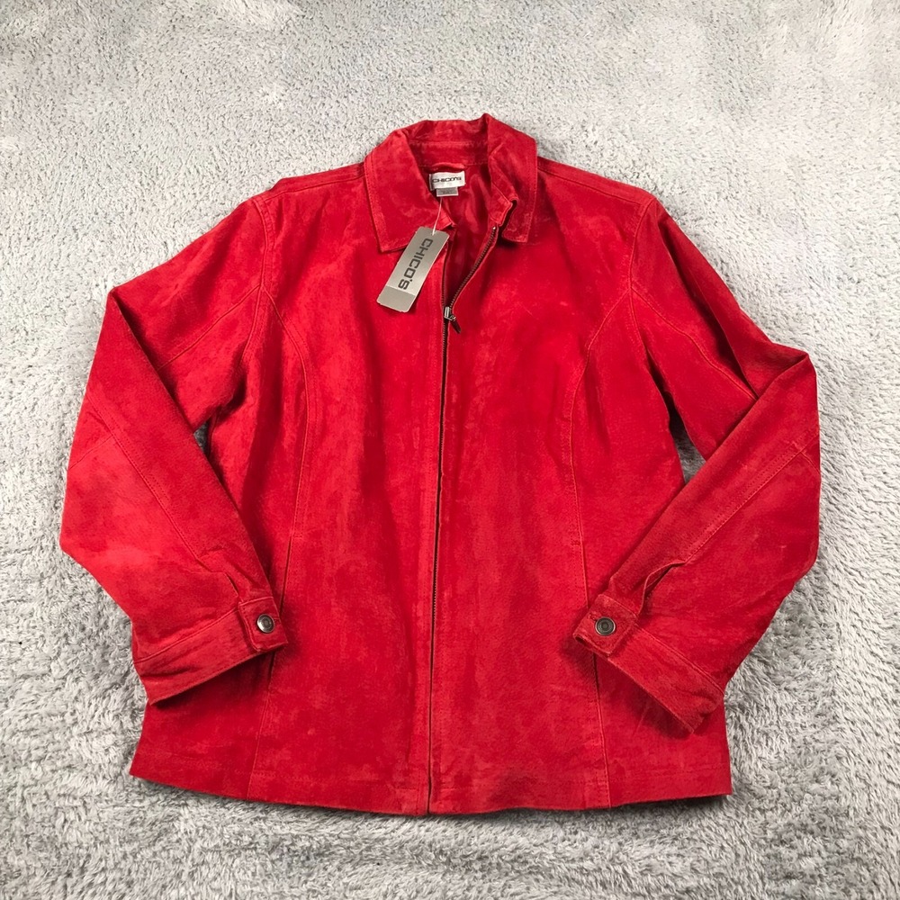 Chicos Jacket Womens 1 ≈ M Red Genuine Suede Leather Zip Up Lined Coat NEW NWT